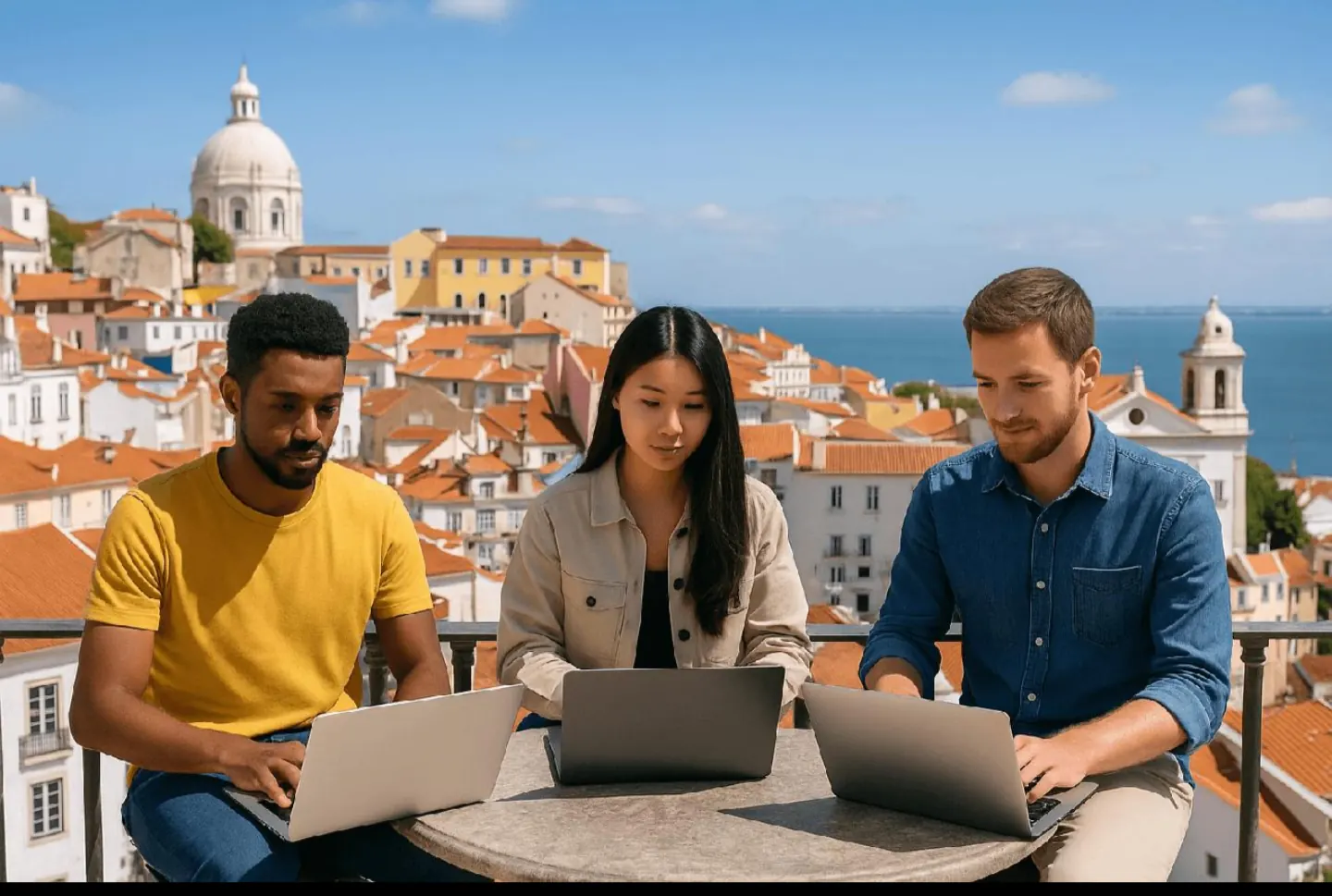 Three remote workers on laptops at an outdoor table overlooking a coastal city