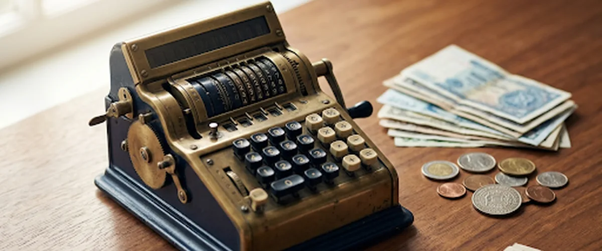 A vintage mechanical calculator beside a stack of foreign currency notes and coins on a wooden desk