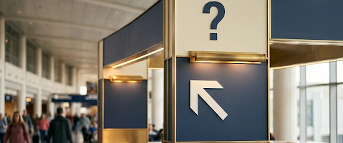 An airport wayfinding sign with a question mark and directional arrow in navy and brass