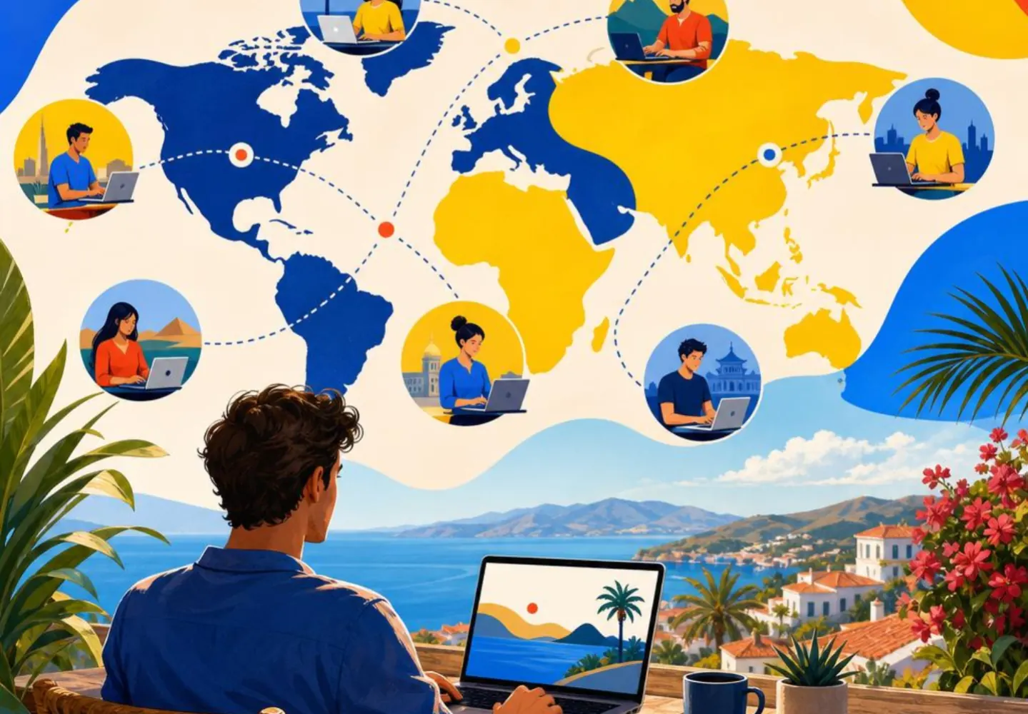 A remote worker looks out over a coastal town while connected, via a world map overlay, to nomads working from cities around the globe