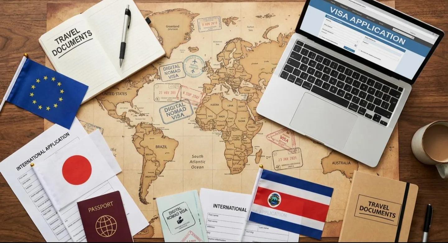 A flat-lay of a digital nomad visa application: a world map, passport, country flags, and a laptop showing an online visa form