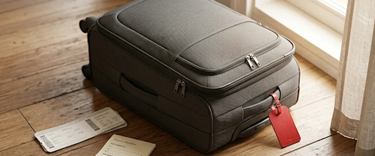 A packed carry-on suitcase with a red luggage tag on a wooden floor beside a boarding pass and a folded checklist
