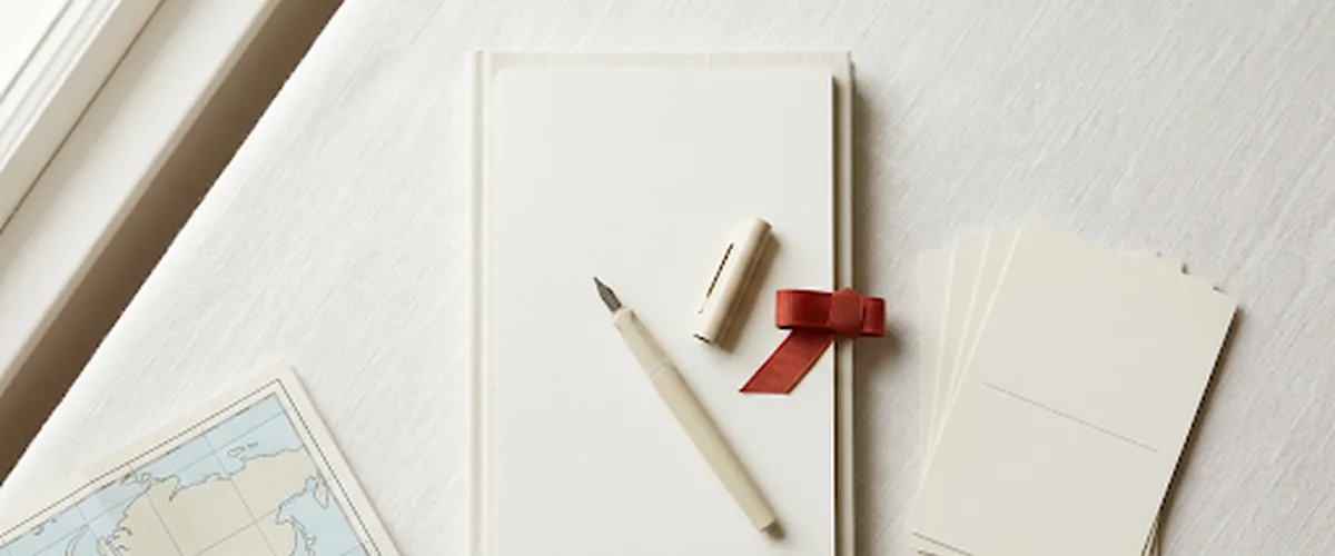 A cream notebook tied with a red ribbon, a pen, and blank postcards on a linen surface with a map visible in the corner