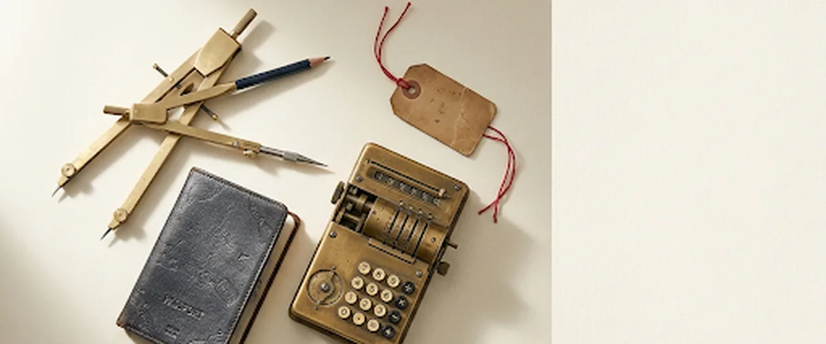 A drafting compass, a leather passport holder, a vintage mechanical calculator, and a brown luggage tag arranged on a flat surface