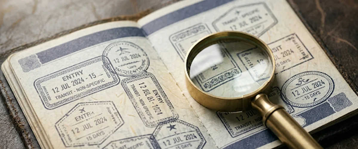 An open passport covered in generic visa and entry stamps with a brass magnifying glass resting on the page